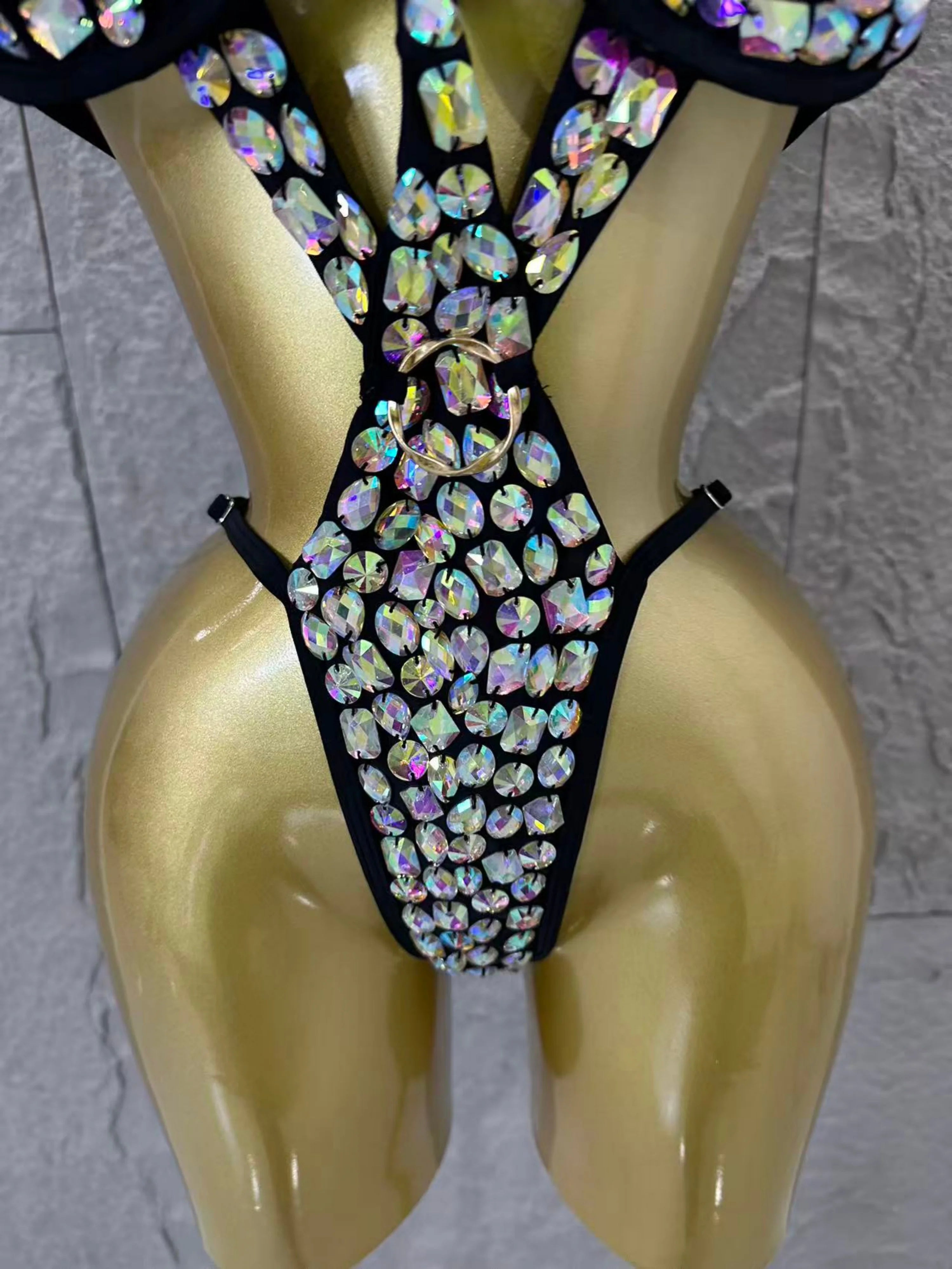 2026 Luxurious Black Bodysuit Women Sexy Halter Neck Iridescent Crystal Embellished Cutout Outfit Stage Performance Costume