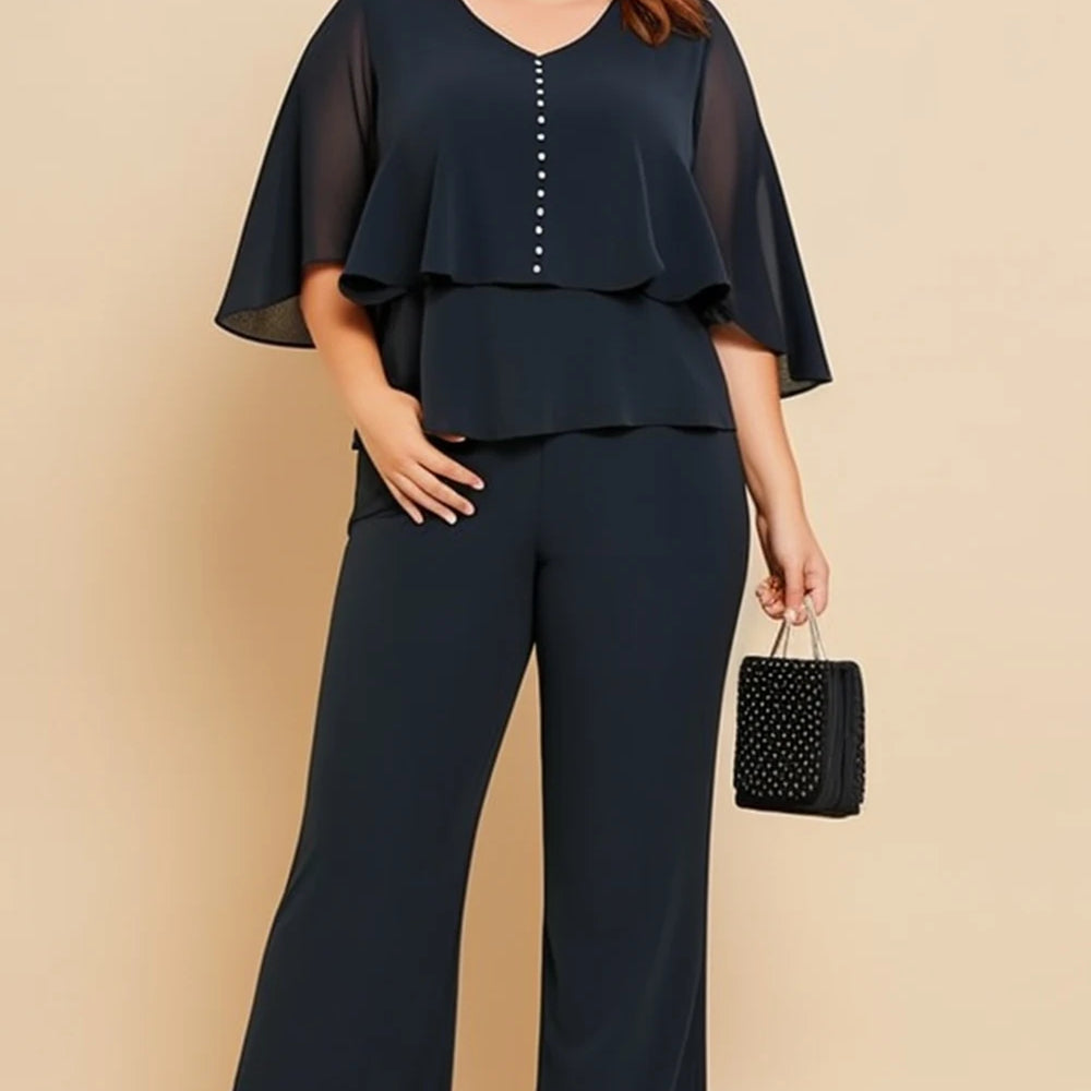 Flycurvy Plus Size Mother Of The Bride Navy Blue Chiffon V Neck Cape Sleeve Two Piece Pant Suit black