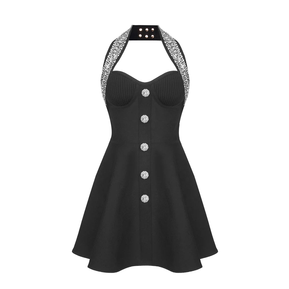 Fashion Summer Womens Dresses 2024 Luxury Diamond Halter Sleeveless Black Bandage A-Line Short Dress black