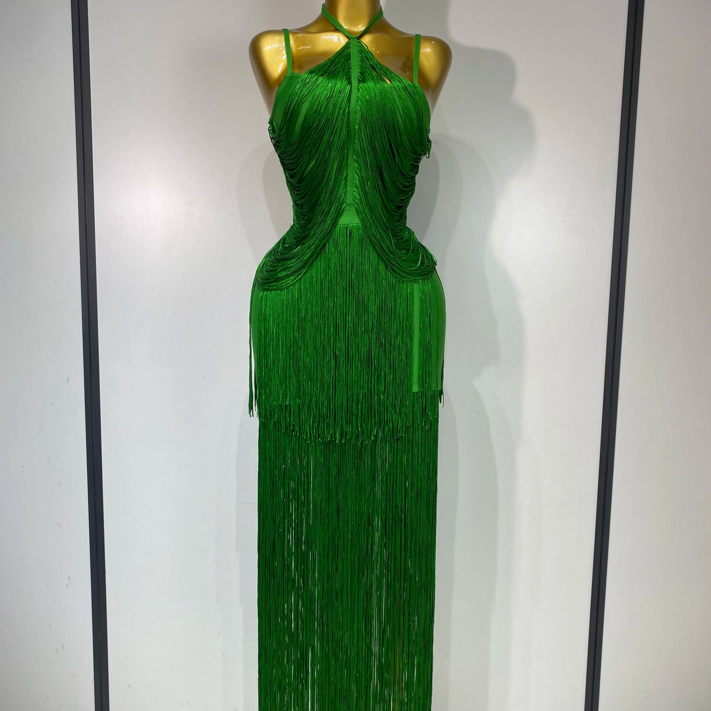 Women Sexy Backless Tassel Black Ankle Bodycon Bandage Dress 2025 Celebrity Elegant Evening Club Luxury Birthday Party Dresses green