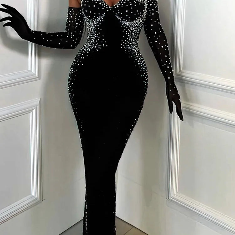 Sexy Strapless Backless Pearl Beading Black Long Bandage Women Celebrity Dress 2025 Elegant Party Evening Club Vestido Clothing