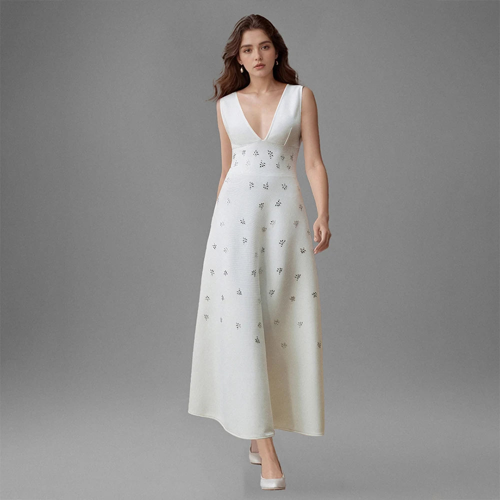 Prom Dress Elegant Crystal Sleeveless Bandage Wedding Dress For Women High waist A-line Maxi Summer Evening Party Dresses Robe WHITE