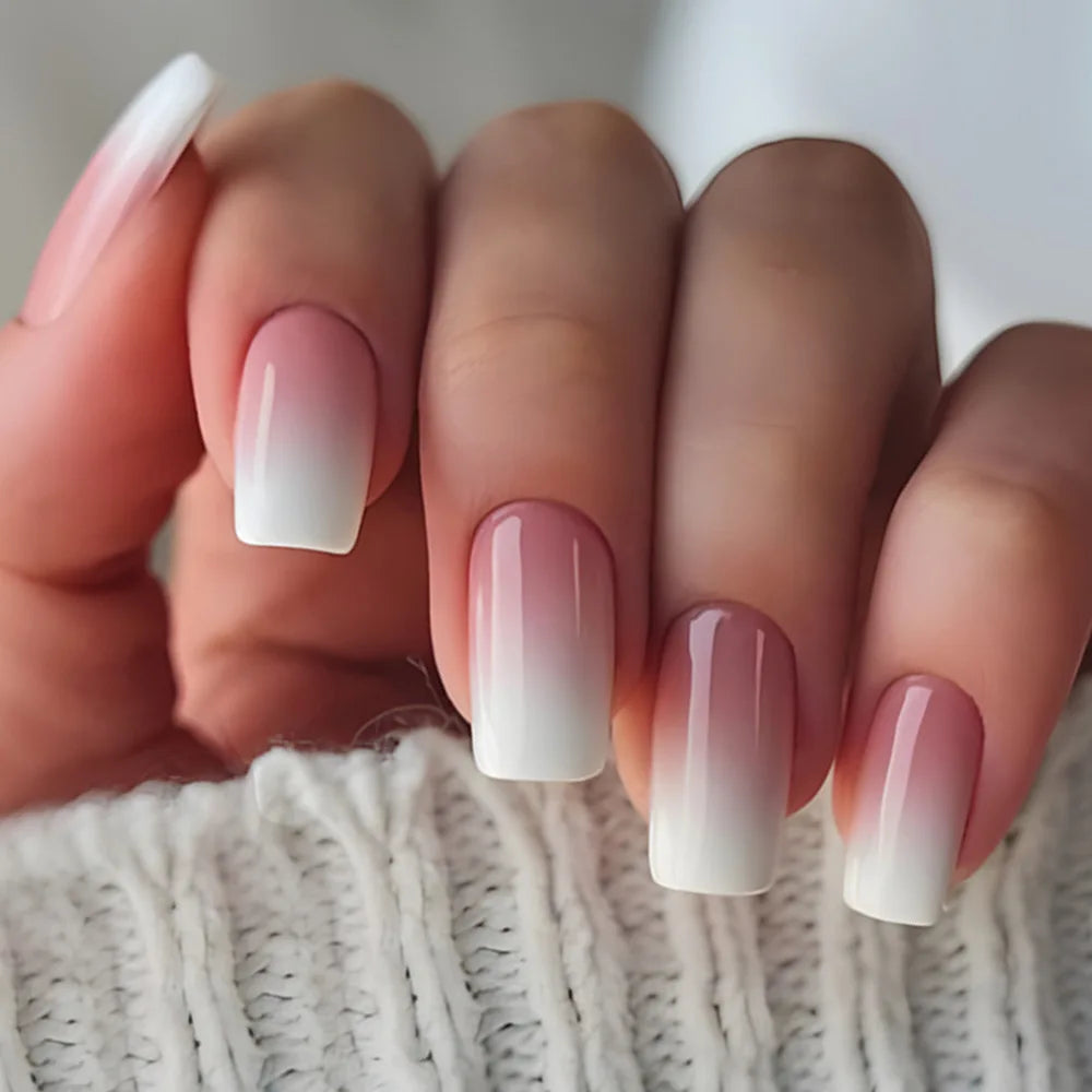 24pcs French Almond Fake Nail Sweet Pink White Gradient False Nail Tips for Lady Women Wearable Ins Simple Korean Press on Nails style 3