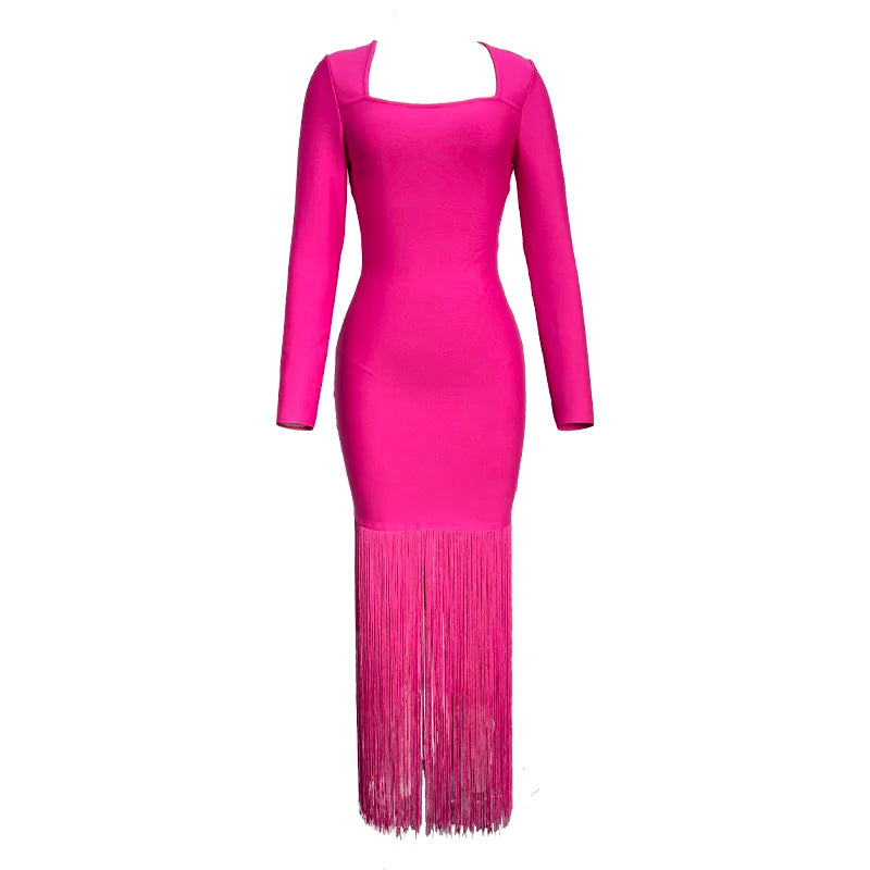 Black Rosered Pink Women Long Sleeve Sexy Square Collar Tassels Bodycon Bandage Long Dress Nightclub Party Celebrate Dress Rose Red