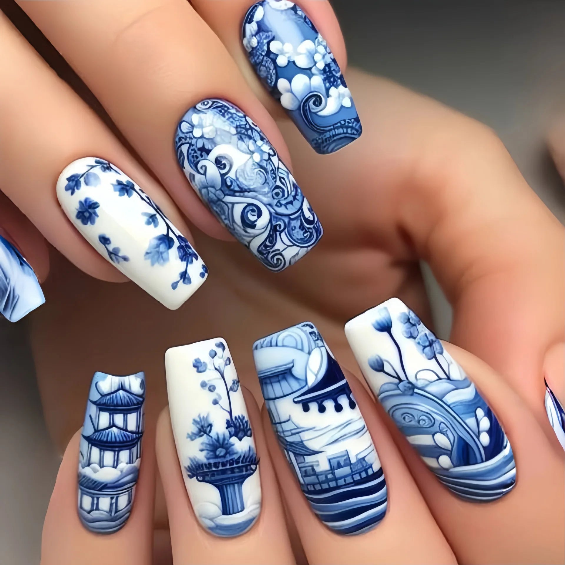 Short middle square ballet fake nails sparkling plant flowers maple leaves gradient Peacock feathers press on false nails set 1681