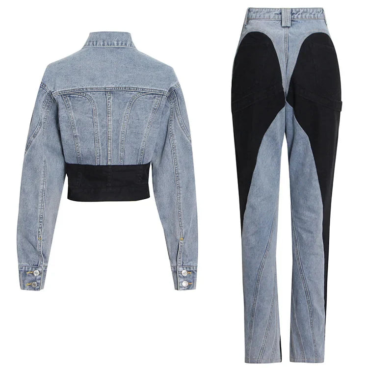 Hit Color Patchwork Denim Two Piece Sets Women Long Sleeve Coat Jacket Female High Waist Pencil Pants Jeans 2022