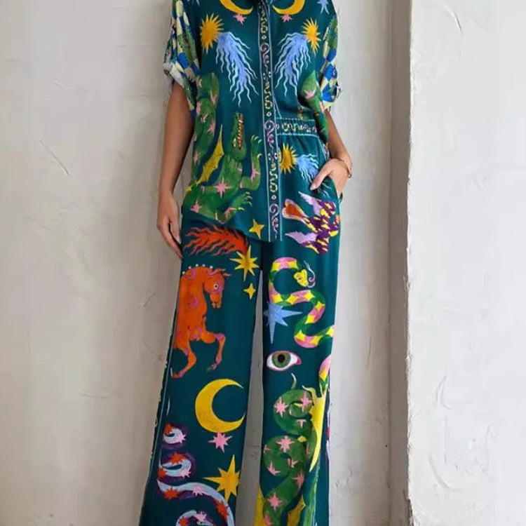 2 Piece Sets Women Outfit Summer New Bohemian Style Printing Half Sleeve Shirt Suits Fashionable Casual Loose Wide Leg Pant Set Blue set
