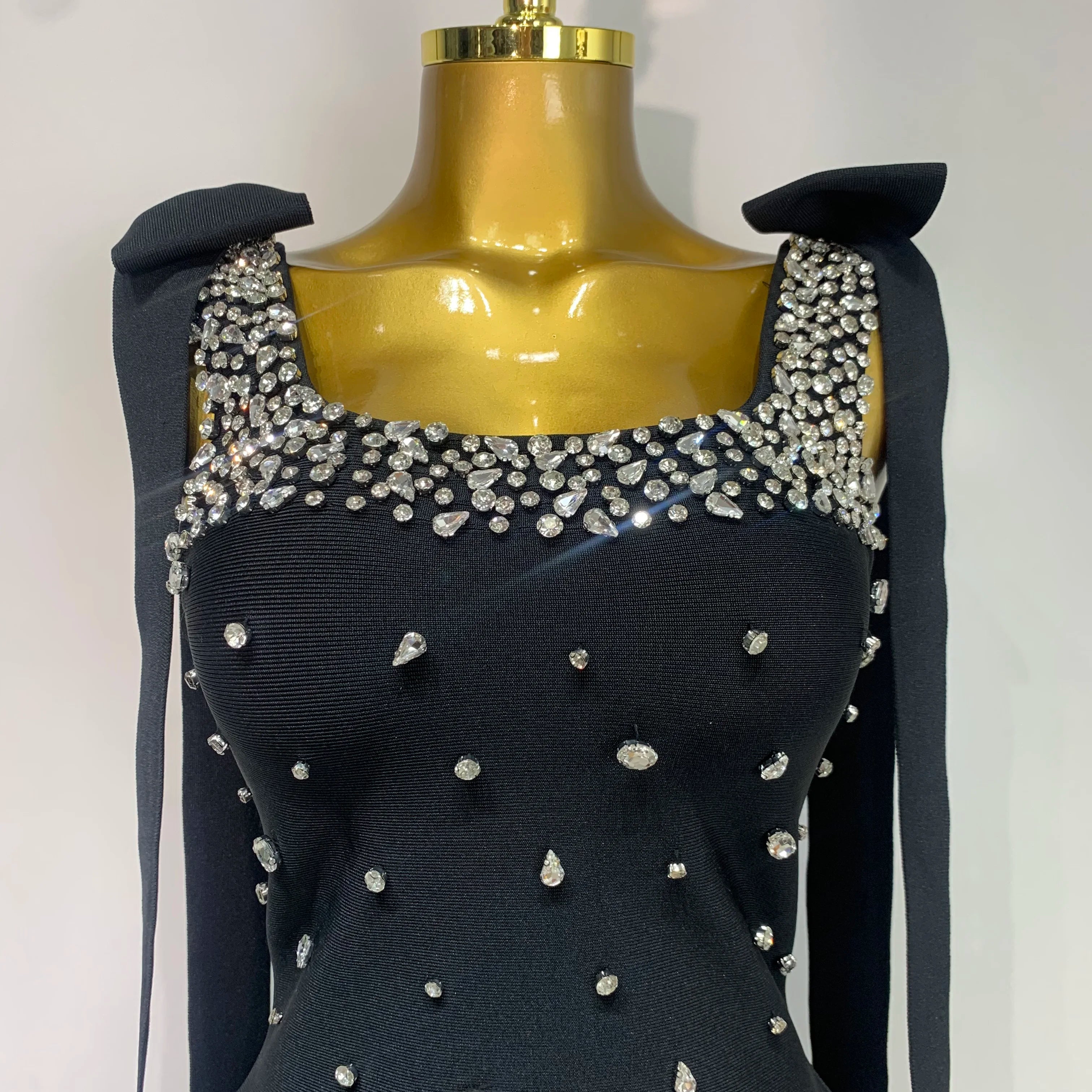 Women Celebrity Sexy Sparly Diamonds Black Mini Bodycon Bandage Dress 2025 Elegant Evening Party Luxury Birthday Dresses