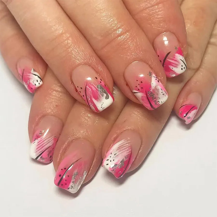 24Pcs Short Square Press on Fake Nails with French Stripe Pink Glitter Nail Set Art Finished Wearable Full Cover False Nail Tips 5