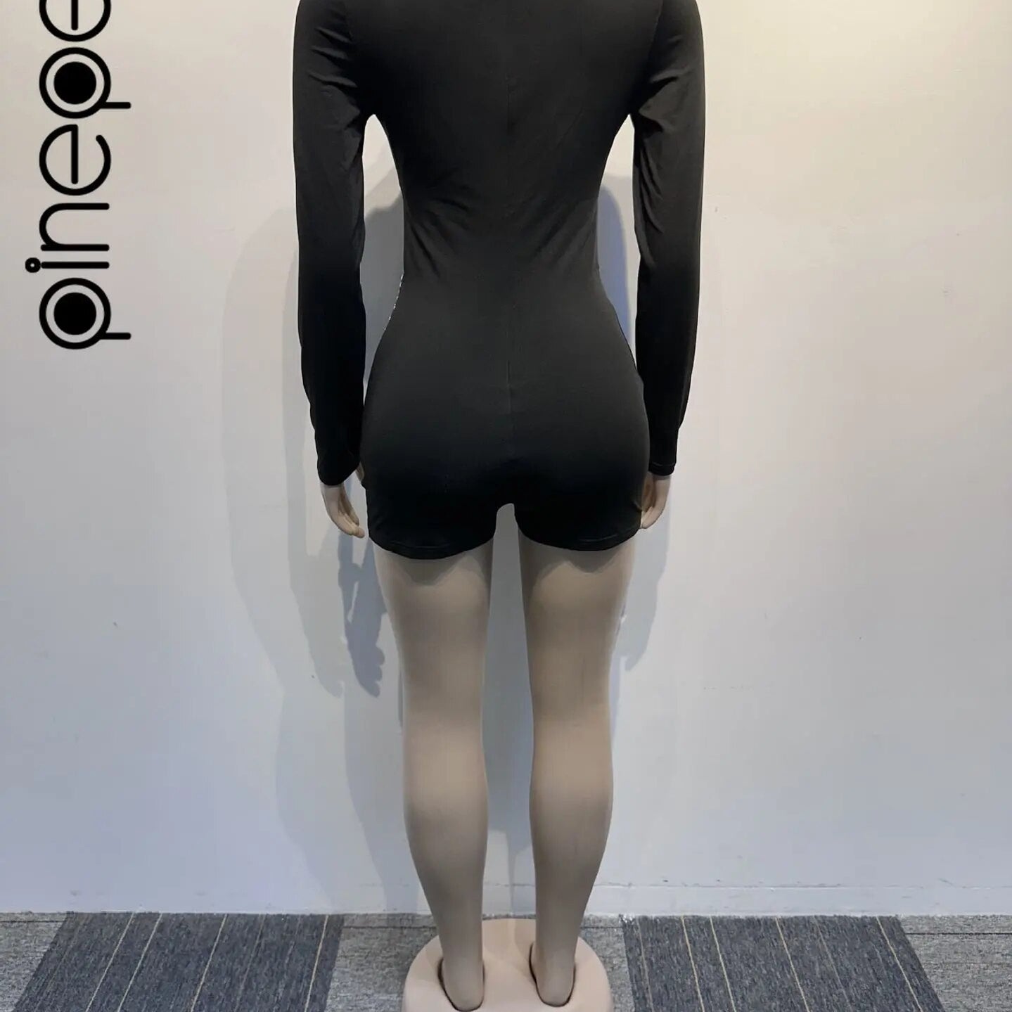 Shiny Diamonds Mesh Playsuits Women Long Sleeve Deep V Neck Sexy Hollow Out See Through Club Party Short Jumpsuits