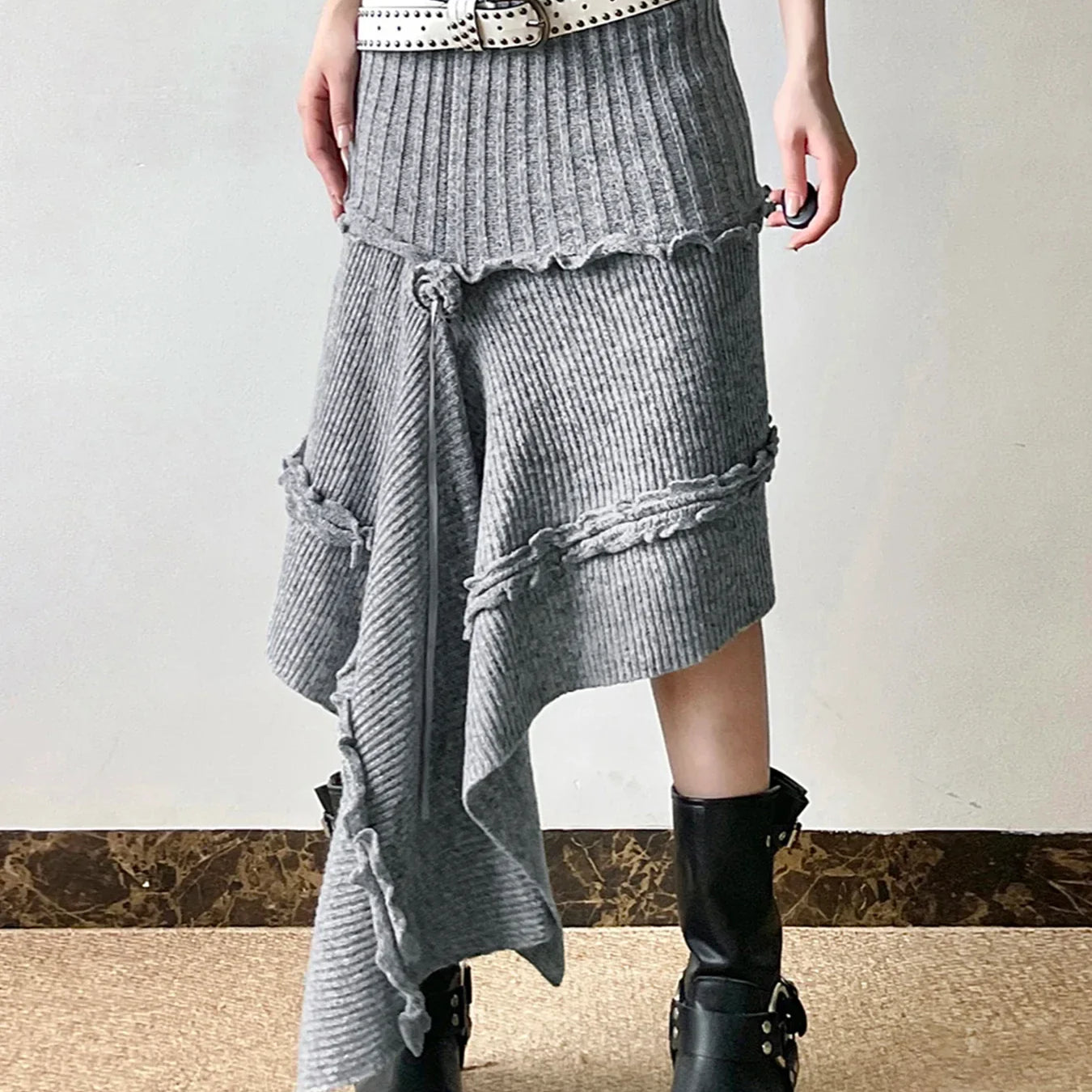 IAMSURE Grunge Style Casual Asymmetrical A-Line Skirt Solid Low-Waisted Knitted Midi Skirts Women Autumn Winter Fashion