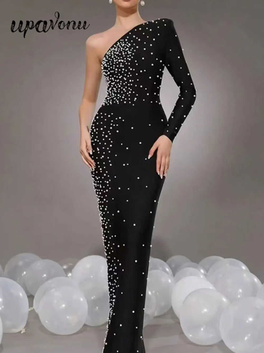 2024 Sexy Women's Light Luxury Pearl Design Bandage Dress with Diagonal Collar One Shoulder Long Sleeve Bodycon Christmas Dress