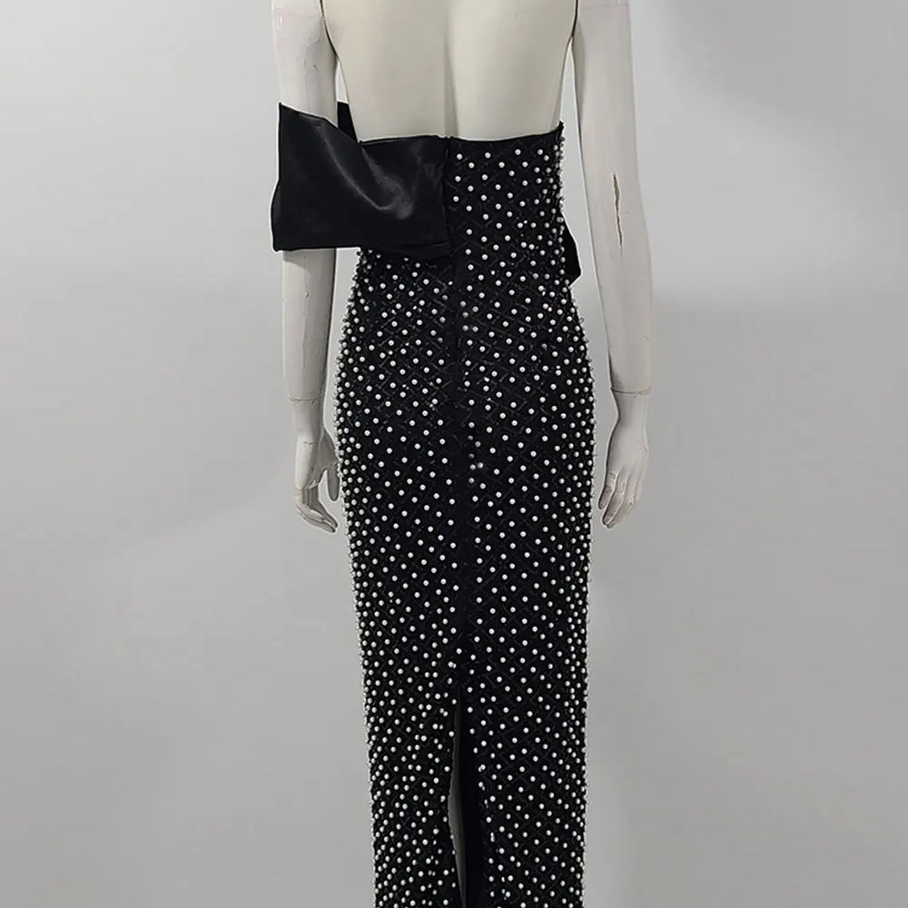 2024 Sexy Women's Heavy Industry Nail Bead Dress Shoulder Collar Bodycon Backless Midi Dress Cocktail Evening Party Vestidos