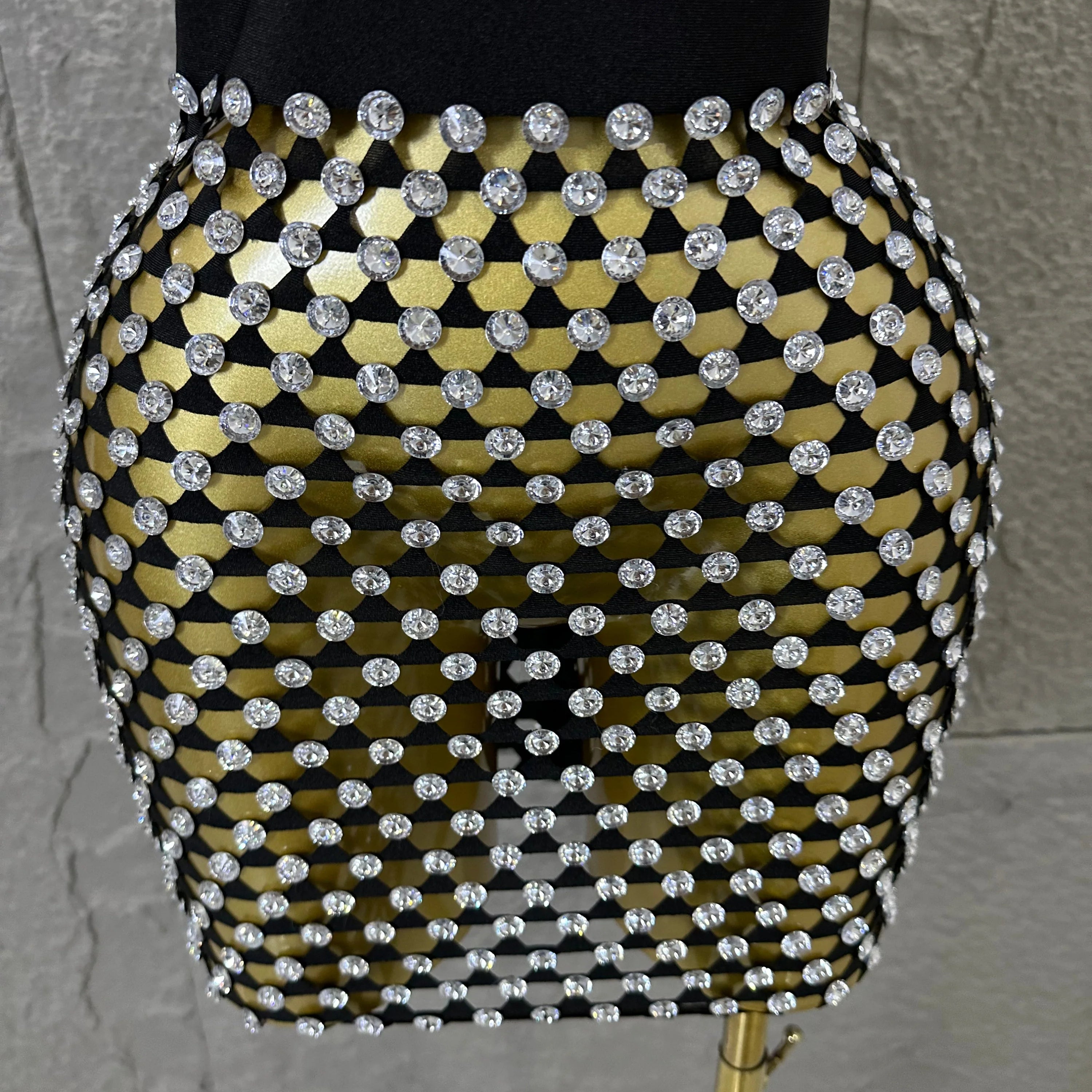 Luxury 2026 Glamorous Black Mesh Halter Mini Dress Sparkle Rhinestone Gold Silver Bead Bodycon Bar Stage Performance Costume