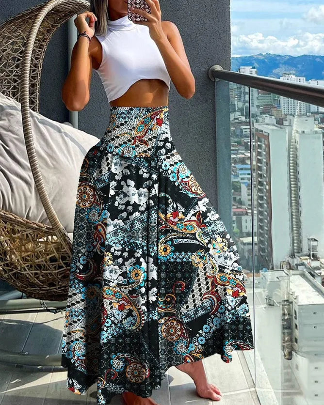 Women Fashion Bandanna Paisley Big Swing High Waist Maxi Skirt Streetwear 2024 Boho Vintage Casual Long Skirts black