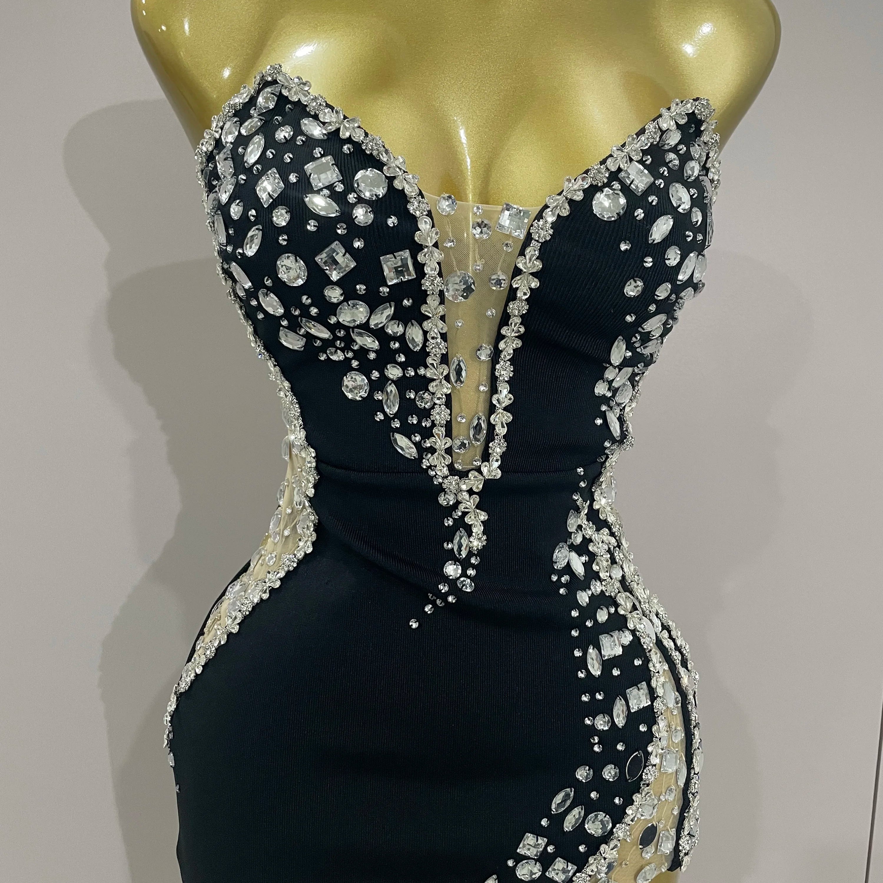 Newest Sexy Strapless Shinning Rhinestones Bodycon Bandage Long Dress Women Fashion Celebrate Evening Party Vestido