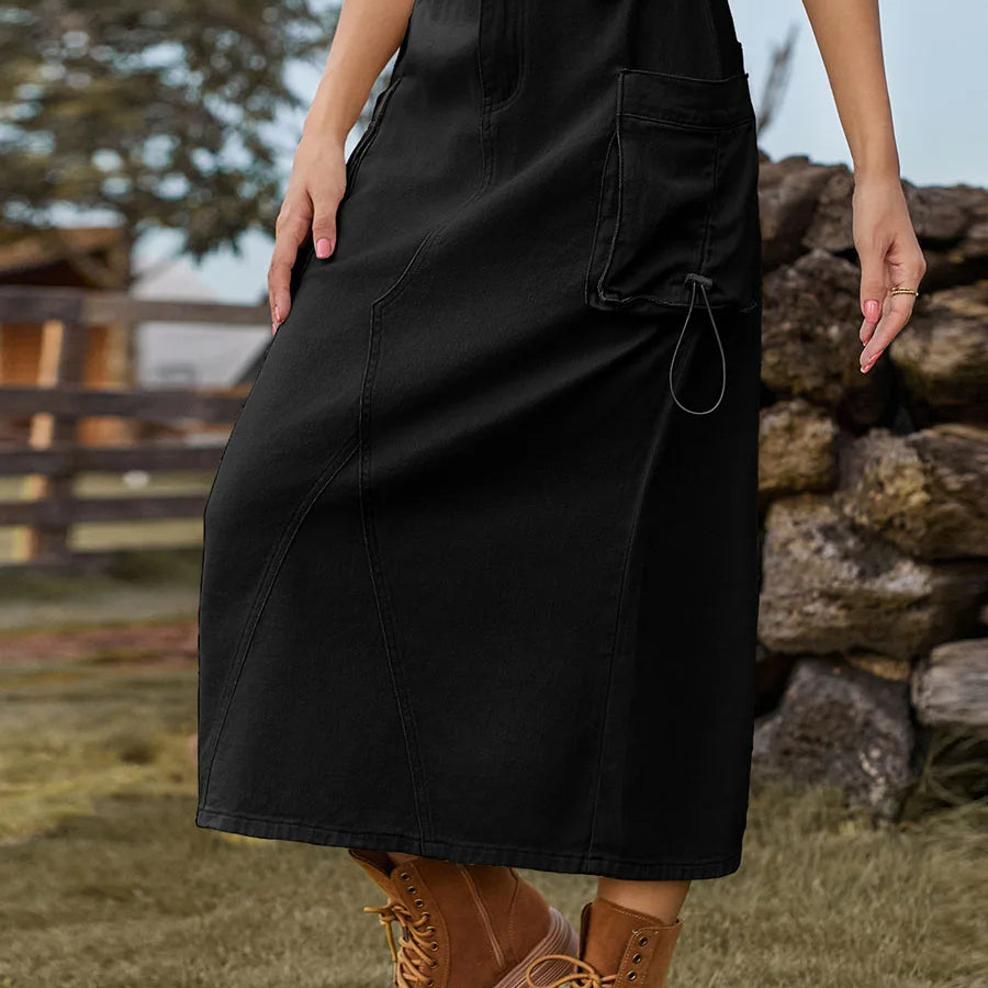Edhomenn Women s Midi Cargo Skirt Solid Color Drawstring Denim Skirt with Pockets Y2k Long Skirt Streetwear