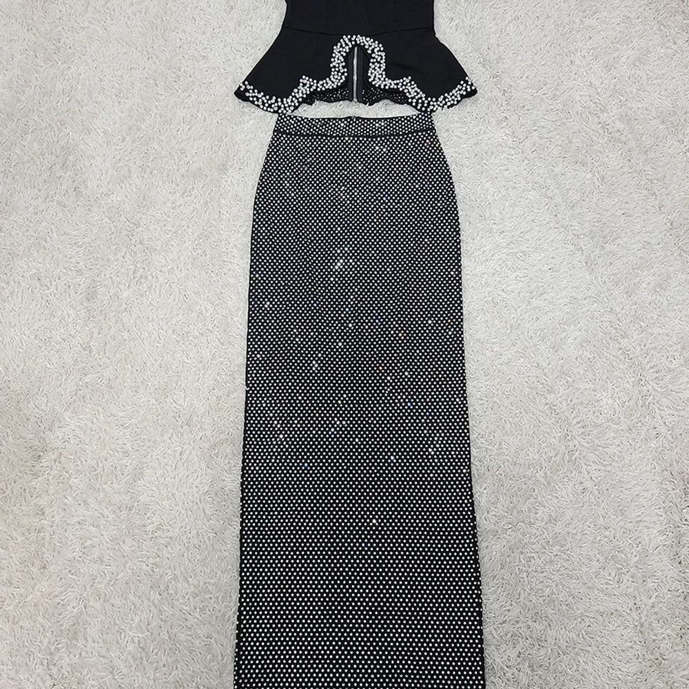 Women Sexy Off Shoulder Pearl Diamond Black Maxi Long Bandage Two Piece Set 2025 Elegant Evening Club Party Prom Gowns