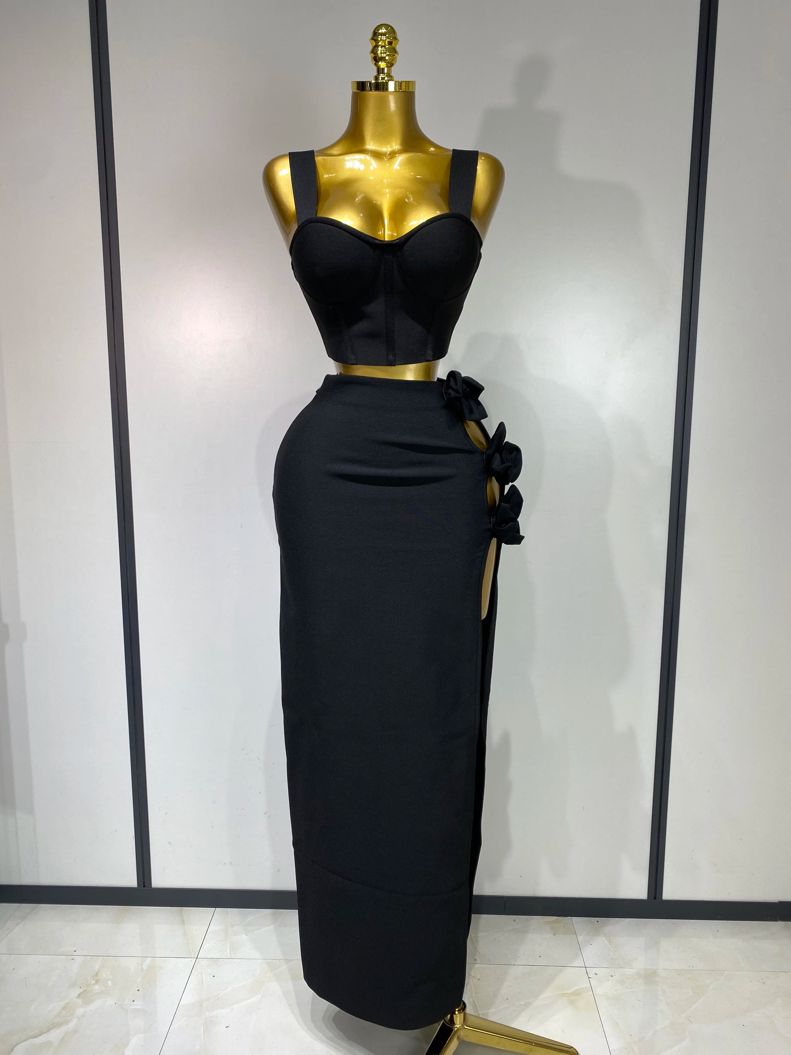 Summer New 2025 Women Sexy Flower Black Red Bandage Two Piece Set Celebrity Evening Party Skirt Suits Luxury Birthday Outfit black