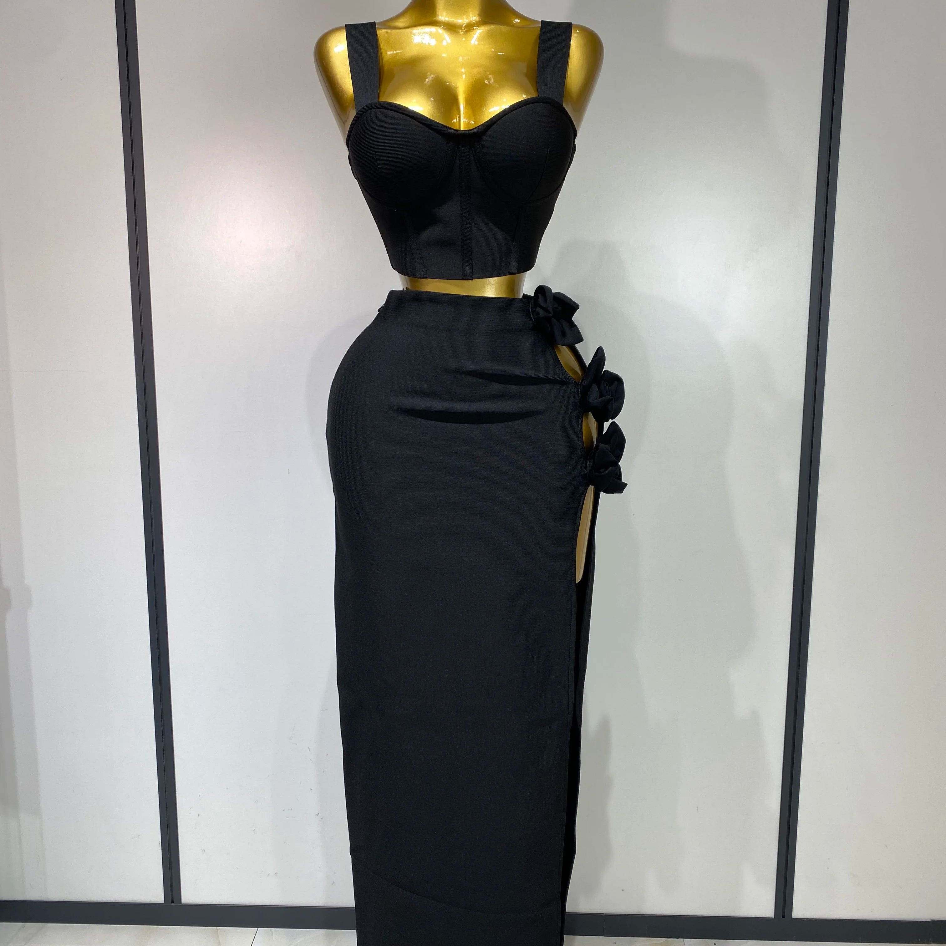 Women Red Top Flower Skirt Two Piece Set Evening Party Nightclub Elegant Host Tight Sexy Club Bodycon Bandage Long Skirt black