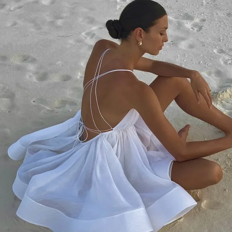 Elegant Yellow Pleated A-line Hem Mini Dress Women Sexy Sleeveless Open Back Lace-up Dresses Summer Lady Holiday Beach Vestidos