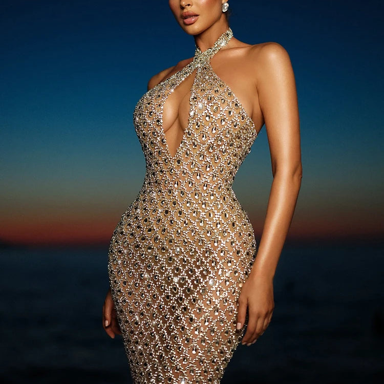 Beige Halter Mermaid Long Dress Key Hole Backless Sequins Sleeveless Celebrity Maxi Evening Party Gowns Vestidos