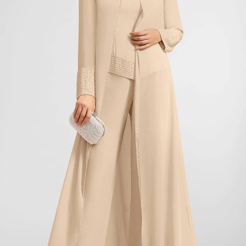Flycurvy Plus Size Mother Of The Bride Apricot Sequin Embellishment Chiffon Wide Leg Three Piece Pant Suit
