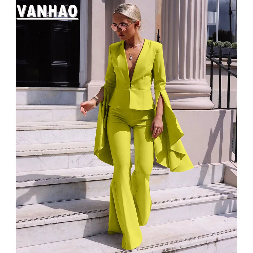 VANHAO Streetwear Chic Sleeve Blazer and Long Flare Pants Solid Color Two Piece Set Women Outfit 2023 Wholesale Dropshipping