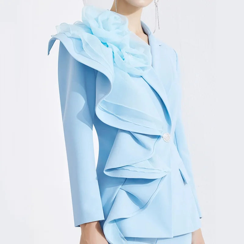 Solid Slimming Spliced AppliqueTwo Piece Set for Women Lapel Long Sleeves Patchwork Fold Top Pants Sets Female New