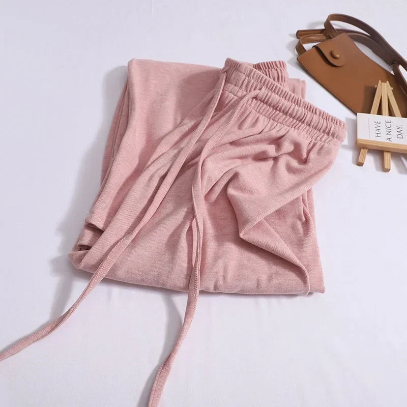 ABRINI Women Drawstring Elastic Waist Thin Solid Pants Casual Straight Pants Sports Wide Leg Trousers For Women Spring PINK One Size