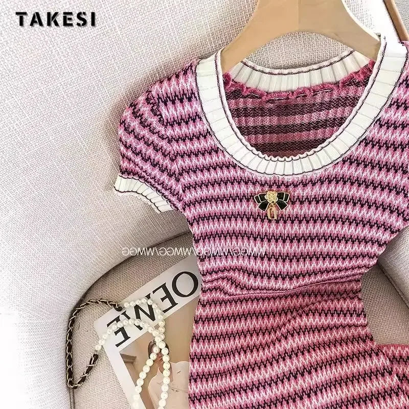 Women Short Sleeve Round Neck Striped Luxury Sheath Mini Dresses Summer Patchwork High Waist Slim Fit Knitting Dress