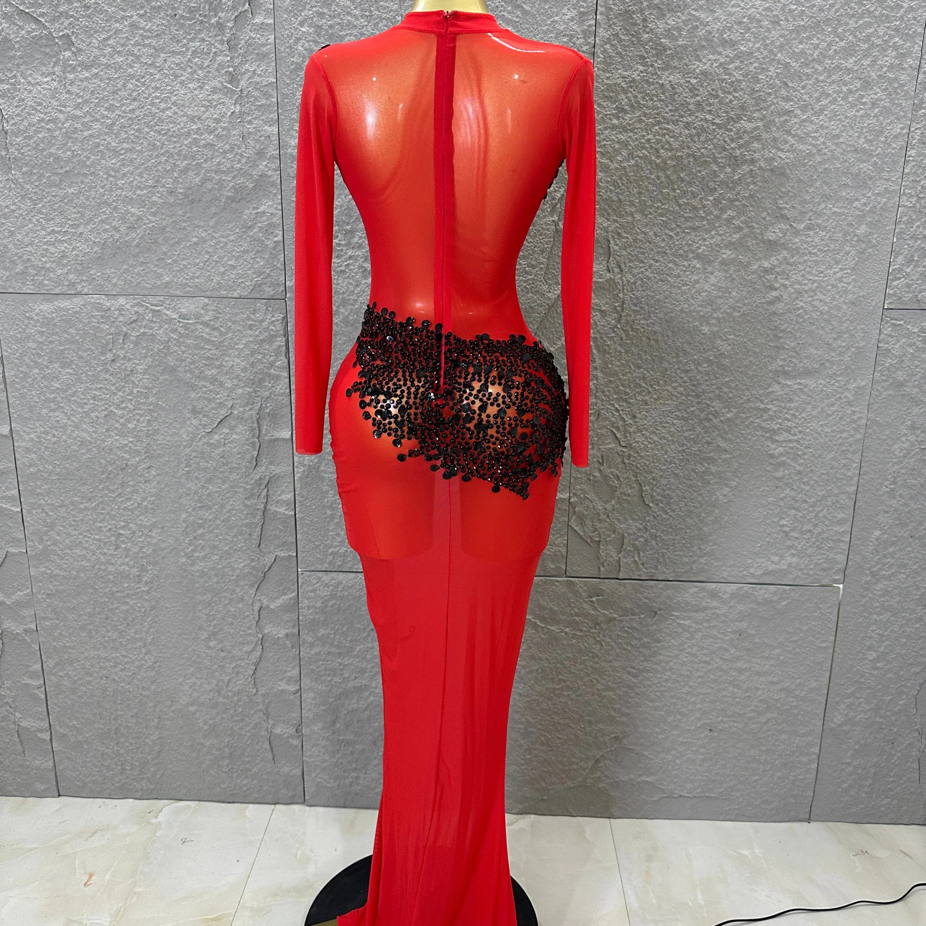 Sexy 2026 Black Sheer Mesh Maxi Dress Women Long Sleeve High Neck Red Rhinestone Embellished Bodycon Stage Costume