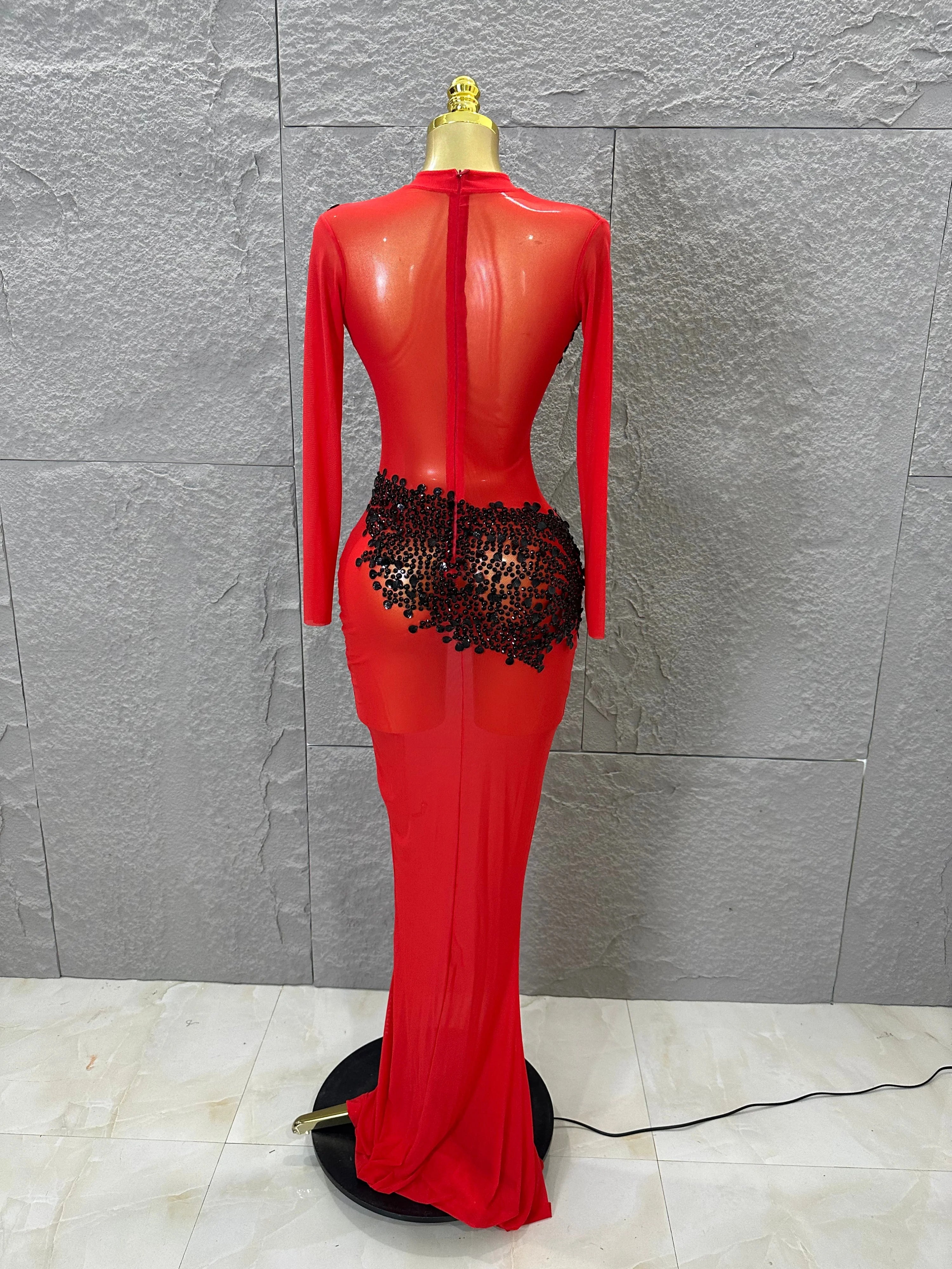 Sexy 2026 Black Sheer Mesh Maxi Dress Women Long Sleeve High Neck Red Rhinestone Embellished Bodycon Stage Costume