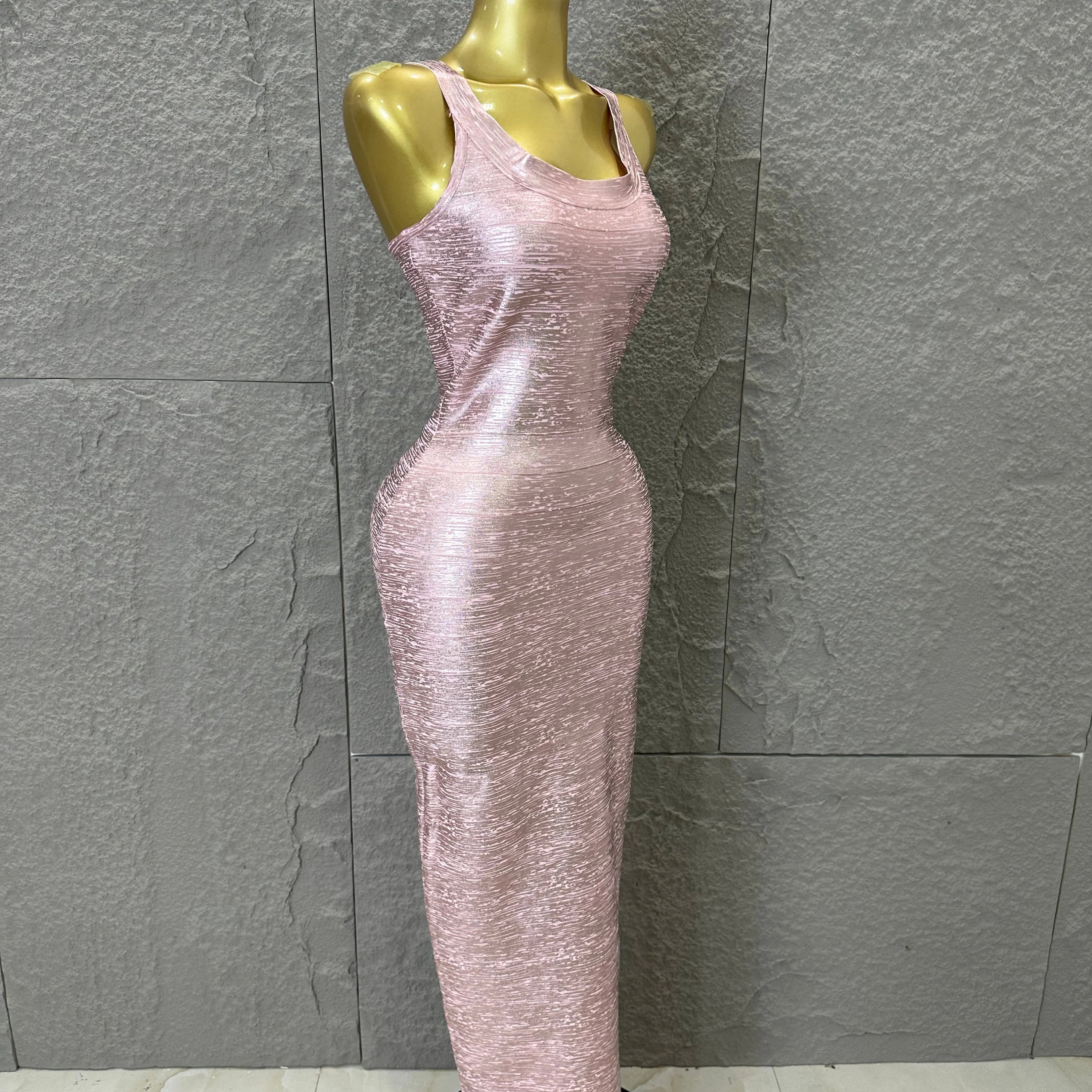 Elegant Pink Square Neck Maxi Dress Women Sexy Sleeveless Metallic Shimmer Form-Fitting Bandage Outfit Cocktail Party Costume