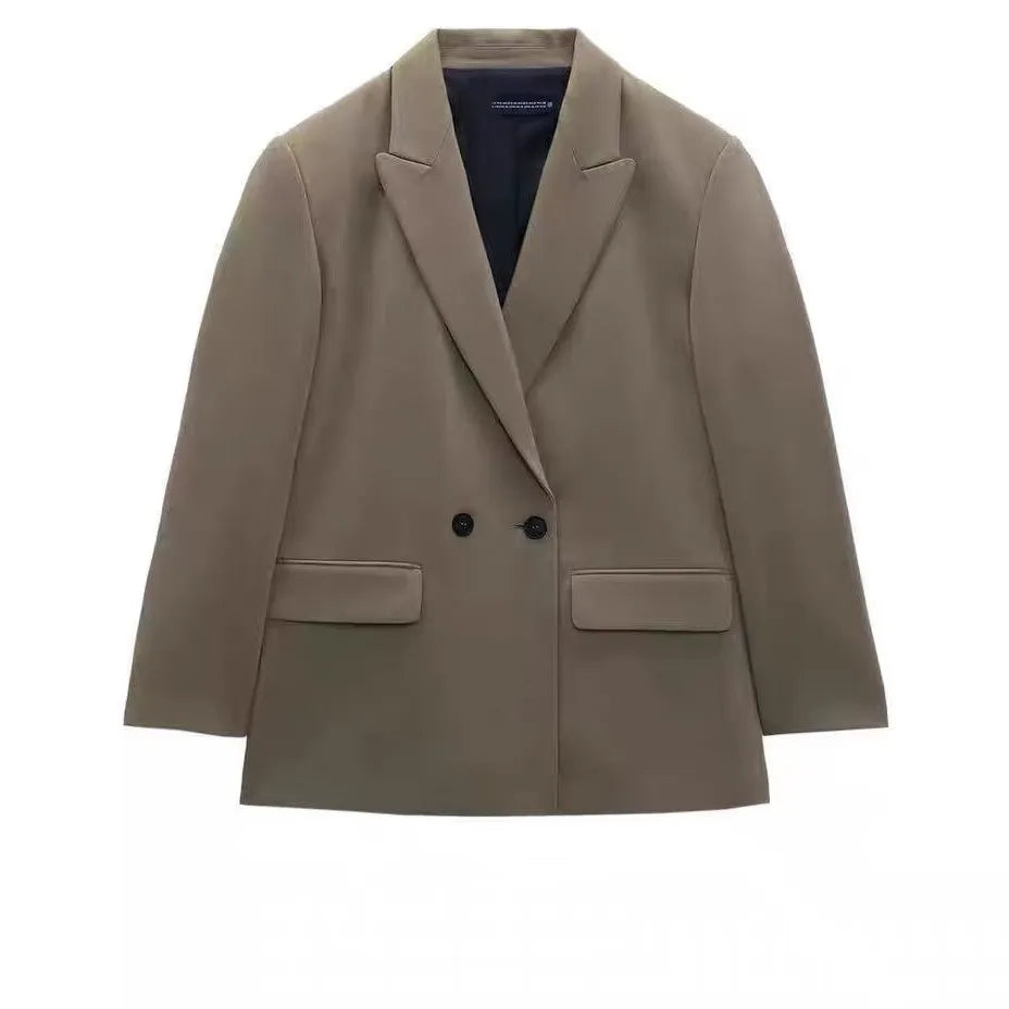 Spring/Summer Commuting Loose Leisure Fashion Suit Lapel Loose Double Breasted Blazer Khaki