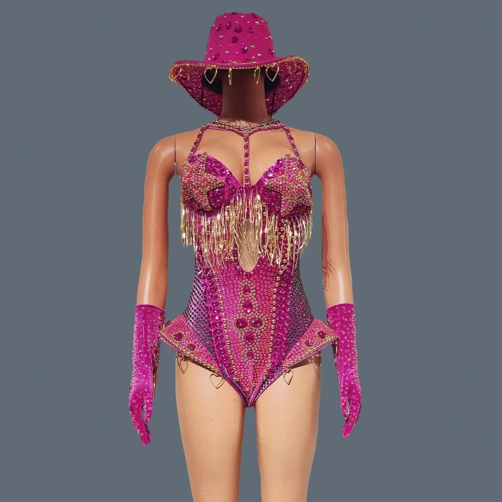 Luxury Women Crystals Tassel Bodysuit Set Cowboy Night Party Jumpsuit Stage Show Outfit Festival Celebrate Sexy Wear Hongding Rose Red