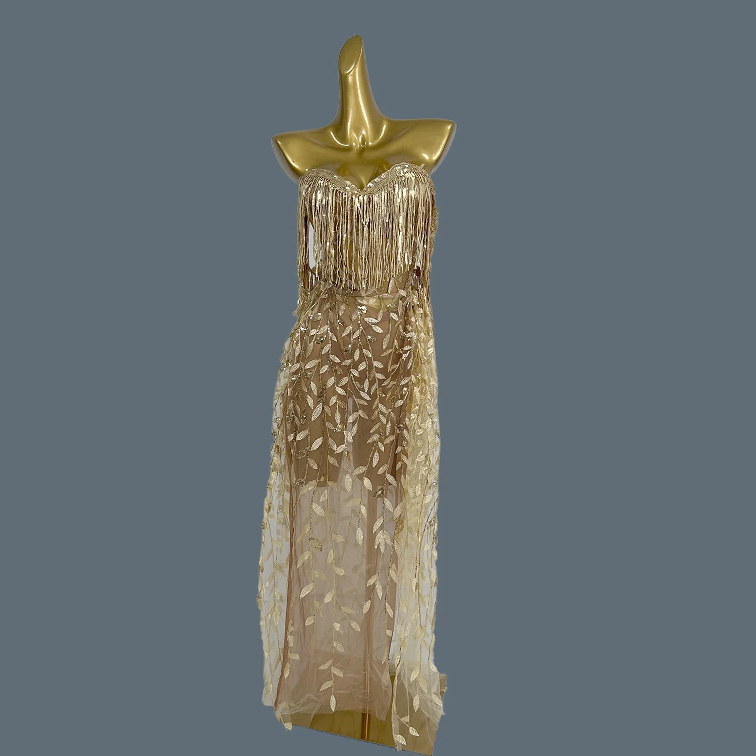 Women Sequins Dress Party Birthday Maxi Dress for Lady Strapless Tassel Gowns Prom Singer Stage Club Show Wear High-end Liushu Gold One Size