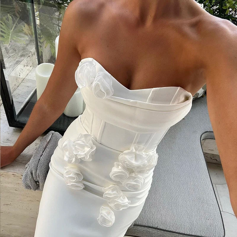 White Color Women Sexy Florals Strapless Bodycon Mid-calf Bandage Dress Celebrate Vacation Birthday Party Dress