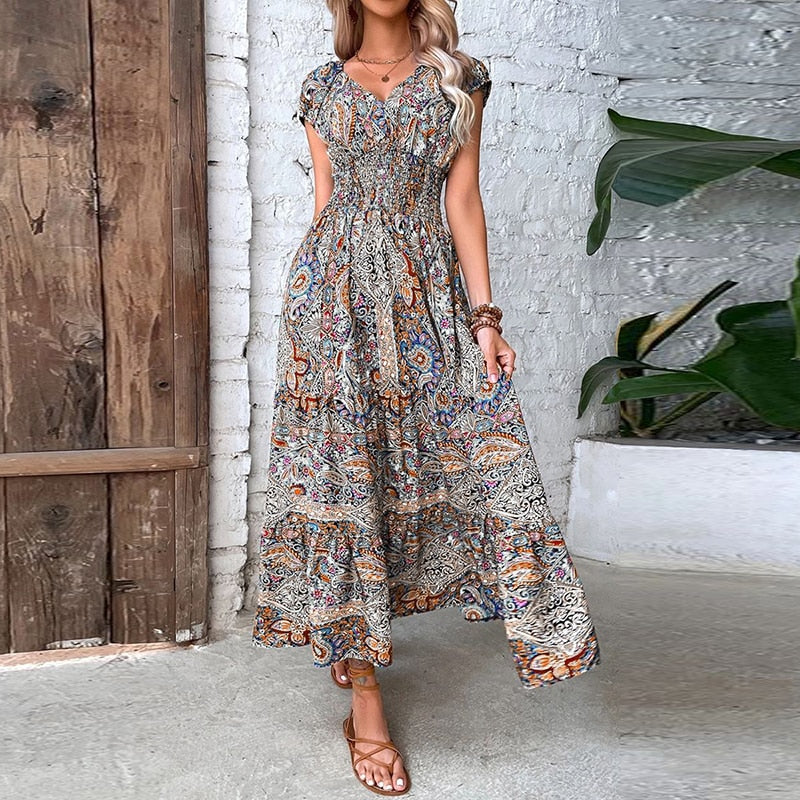 Women Vintage Print Long Dress Summer Elegant V Neck Elastic Waist Maxi Dresses 2024 Holiday Bohe Sexy Short Sleeve A-line Robe
