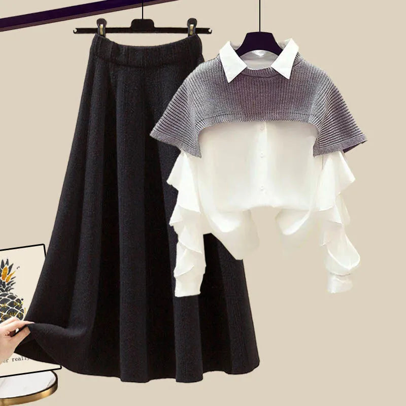 Spring and Autumn Suits Women's Fashion Waist Closing Slim Shawl Shirt Skirt Three Piece Set 3 Black Set