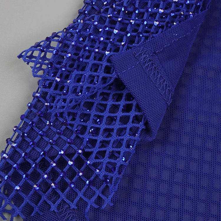 Gorgeous Blue Sequin Crystal One-Shoulder Cut-out High Slit Details Dress Evening Gown