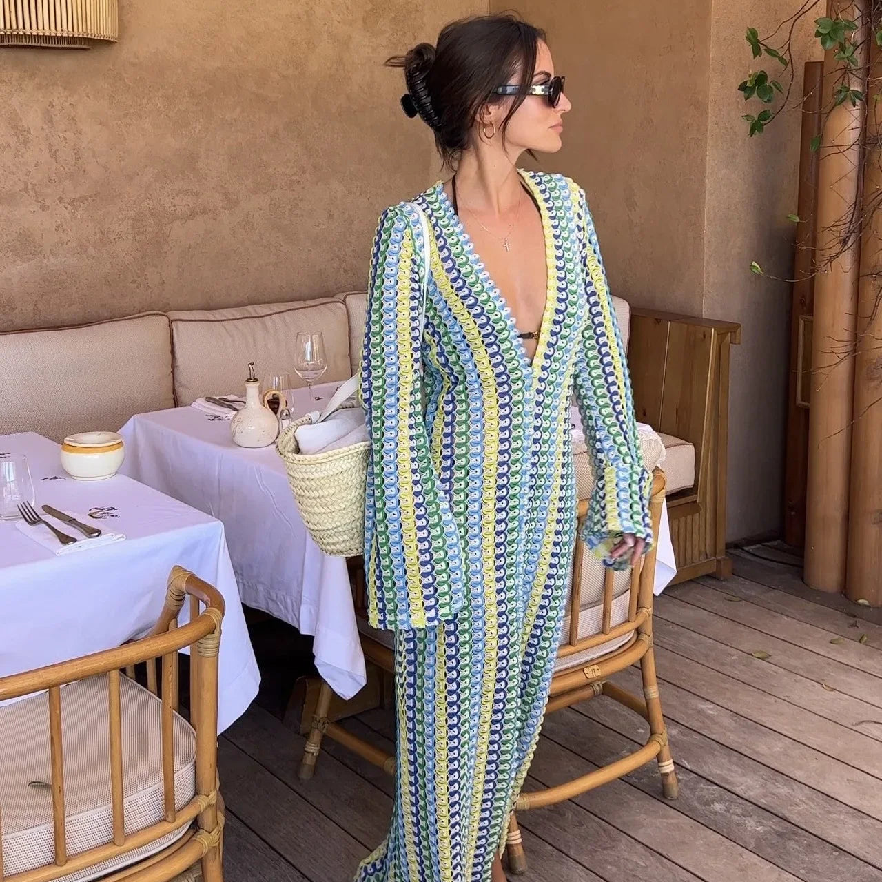 Crochet Colorful Stripe Maxi Dress Women Flare Sleeve V-neck High Split Sexy Long Dresses New Autumn Beach Banquet Vestidos