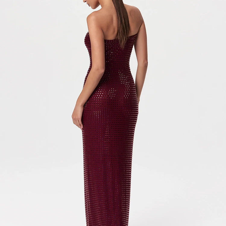Redwine Beaded Strapless Long Maxi Dress For Women Elegant Sleeveless Backless Sparkle Crystals Bodycon Cocktail Evening Gown