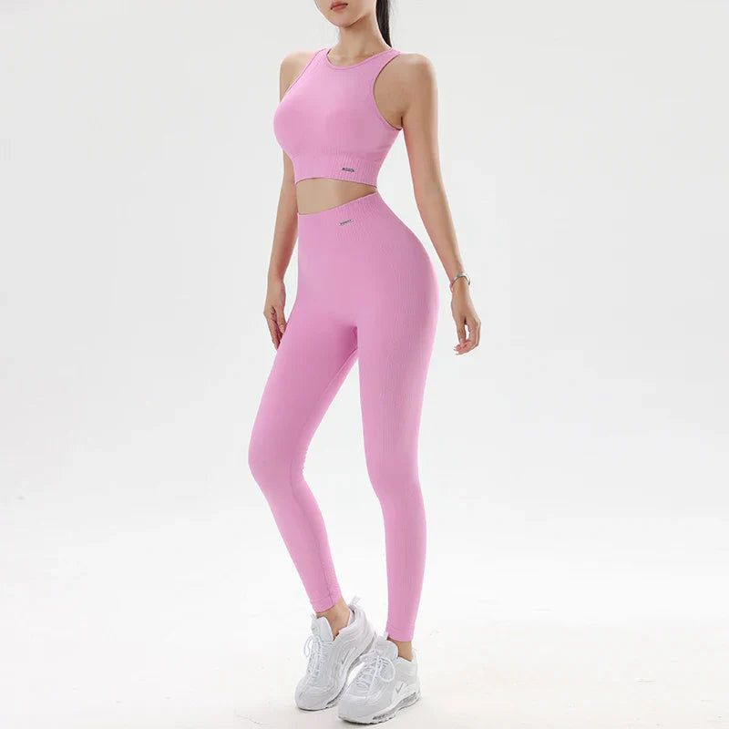 Women's fitness suit yoga suit exercise yoga bra exercise tight high-waisted pants running suit quick dry Pink