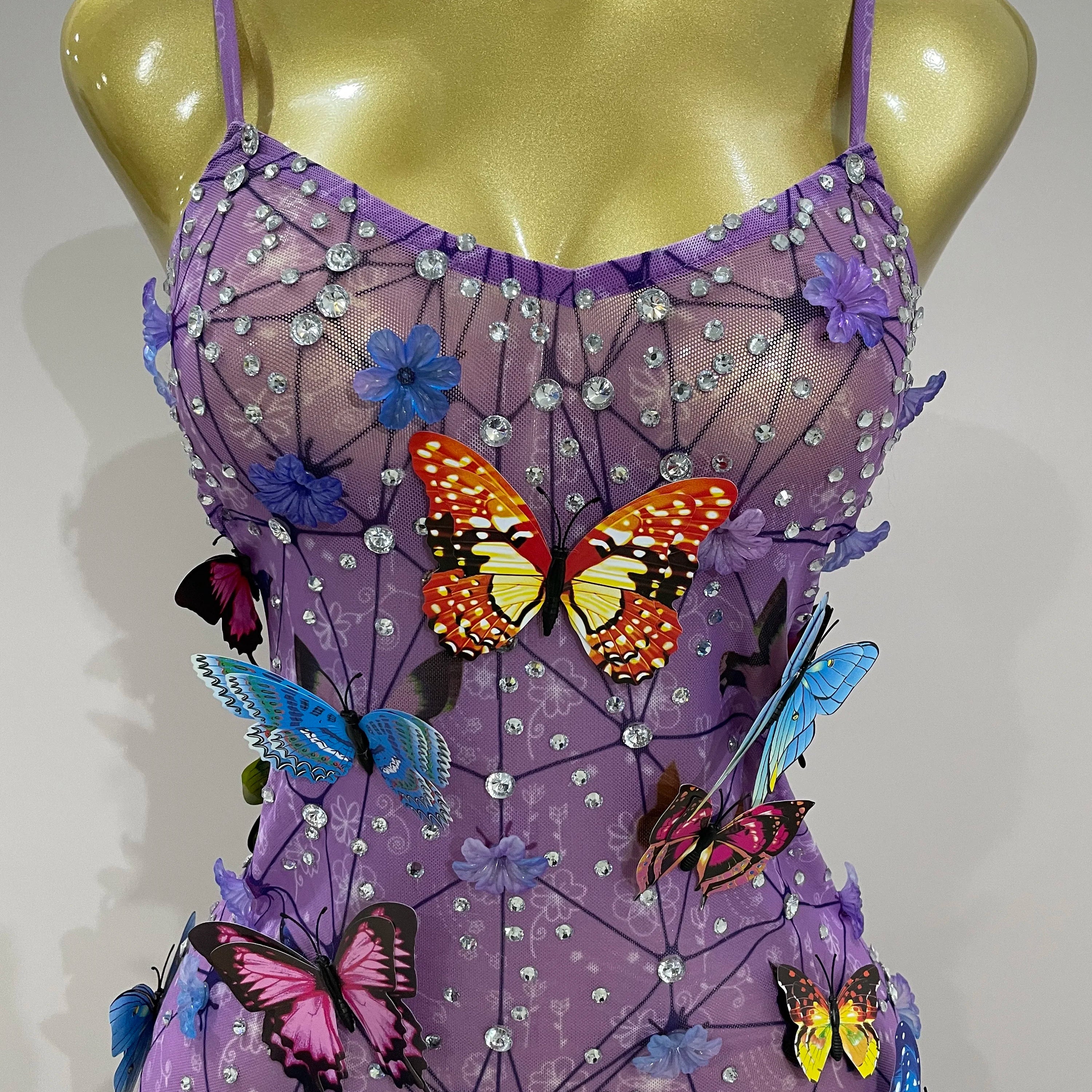 Women Celebrity Luxury Birthday Nightclub Stage Outfit 2025 Sparkly Butterfly Purple Sexy Mesh See Through Dress
