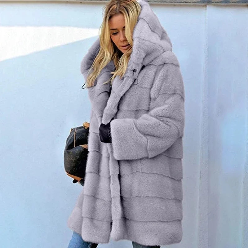 Women's Fashion Long Faux Fur Coat Autumn Winter Warm Women Faux Fox Fur Fluffy Jacket Furry Coats Long Sleeveless Jacket Teddy Grey