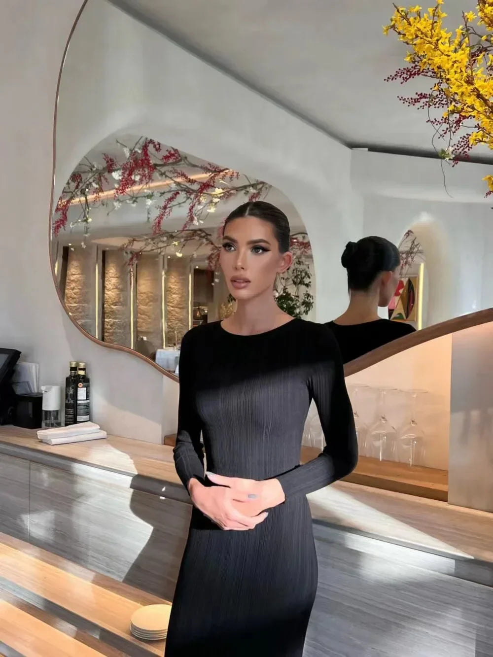 Women Spring Solid Maxi Long Sweater Dress Elegant Casual Fashion Pullover Bodycon Slim Streetwear Knitted Dress Autumn black LYQ197