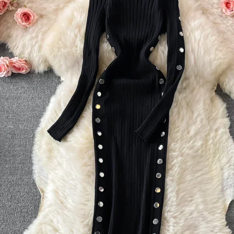 Winter Women's Knitted Sweater Dresses O-Neck Long Sleeve Slim Side Double Row Buckle Hip Wrap Dress Ladies Sheath Dress Autumn Black One Size