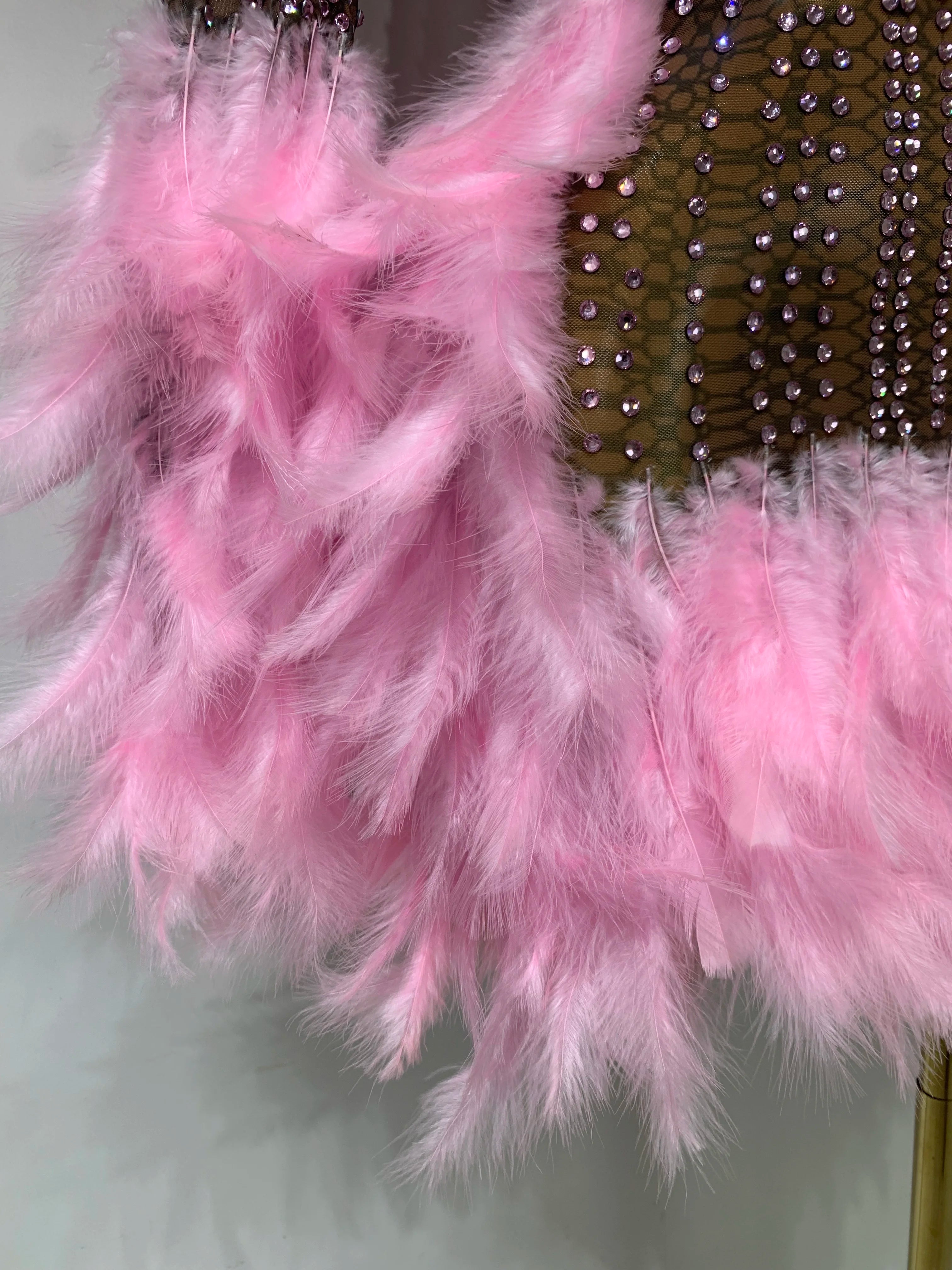 Women Luxury Birthday Dress Rhinestones Mesh Feathers Bodycon Mini Celebrity Evening Club Party Dress Nightclub Stage Outfit