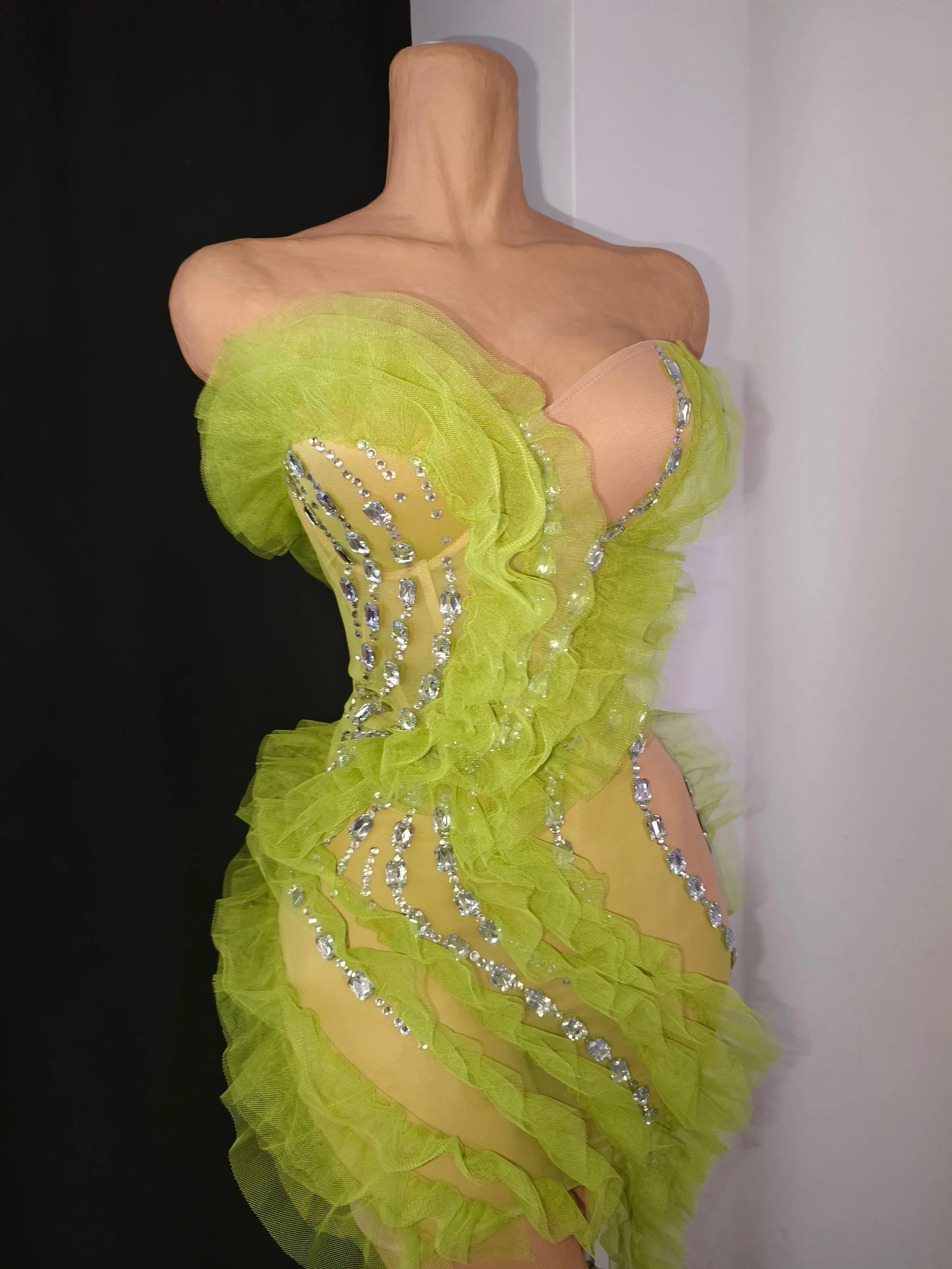 Sparkly Green Sheer Mesh Flowy Ruffle Crystal Rhinestone Dress Slim-fit Nightclub Party Stage Performance Clubwear Outfit